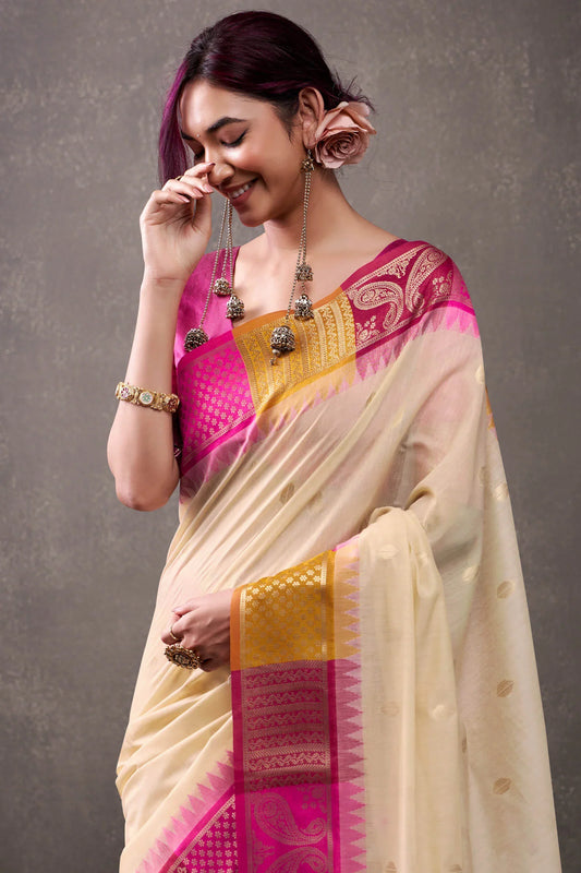 Effulgent Beige & Dark Pink Cotton Silk Saree With Lustrous Blouse Piece