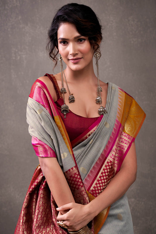 Effulgent Grey Cotton Silk Saree With Lustrous Blouse Piece