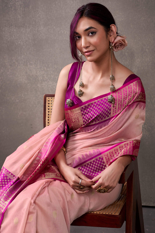 Effulgent Pink Cotton Silk Saree With Lustrous Blouse Piece