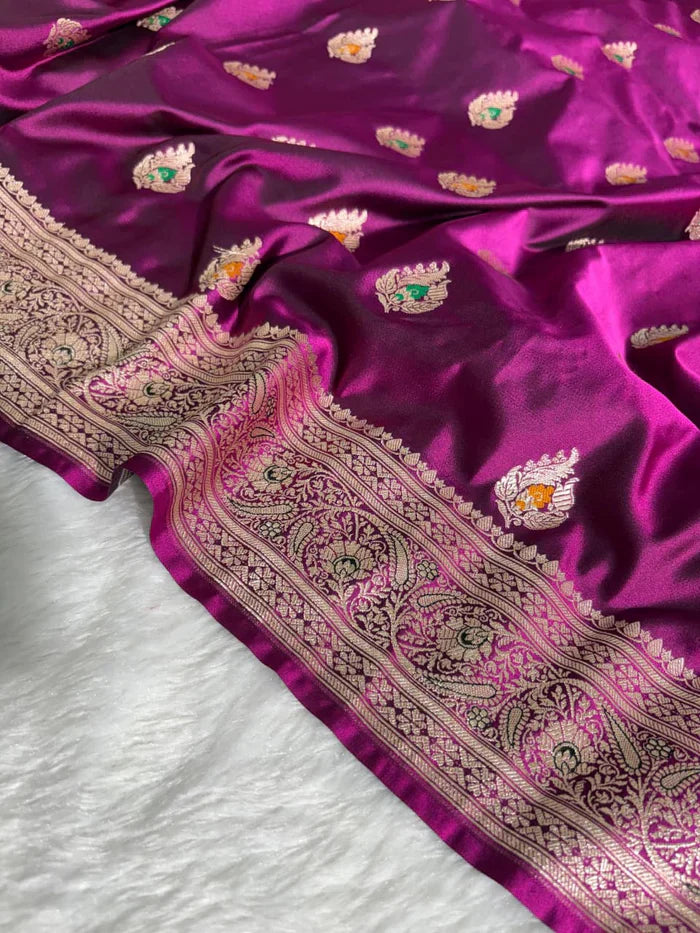 Banarasi Satin Silk Purple Saree With Smashing Blouse
