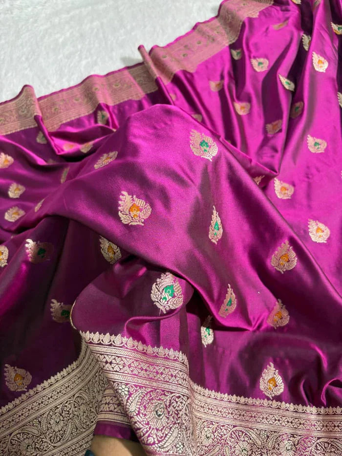 Banarasi Satin Silk Purple Saree With Smashing Blouse