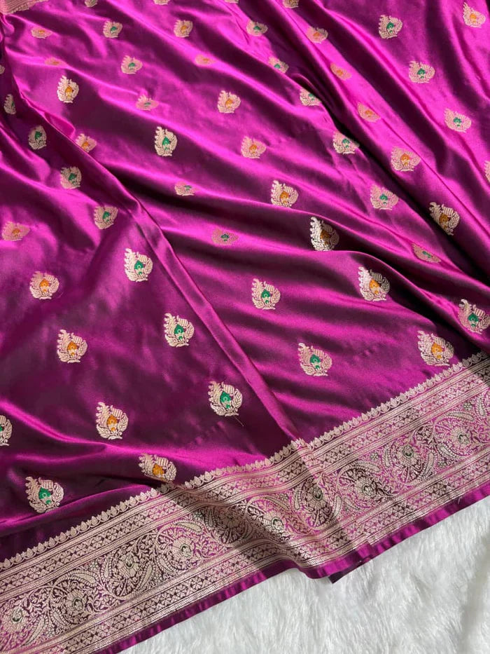 Banarasi Satin Silk Purple Saree With Smashing Blouse