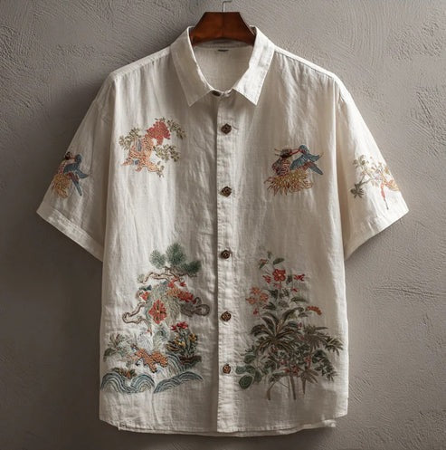 Ivory Vintage Garden Bird Shirt – Japanese Floral Embroidered Style Button-Up – Unisex Linen Summer Shirt S–6XL