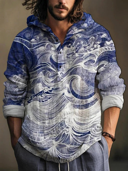 Japanese Ocean Wave Hoodie Shirt – Indigo Art Print Casual Pullover – Lightweight Textured Long Sleeve S–6XL
