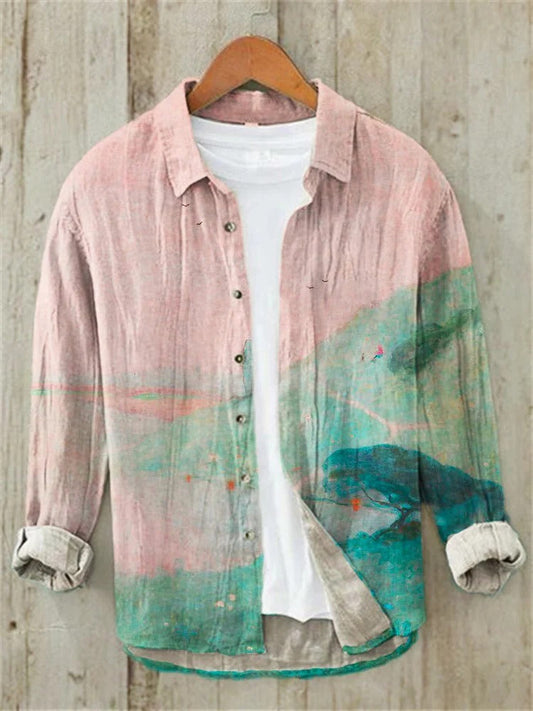 Pastel Horizon Linen Shirt – Artistic Gradient Landscape Button Down – Lightweight Casual Shirt S–6XL