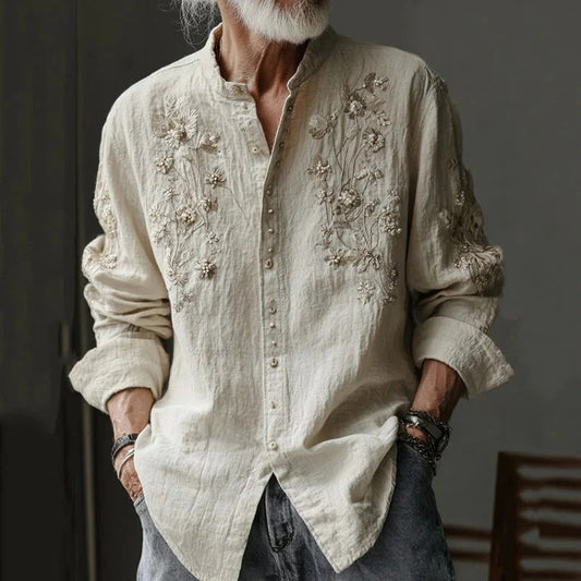 Beige Floral Embroidered Mandarin Collar Shirt – Vintage Linen Button Down S–6XL