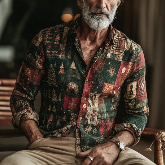 Vintage Patchwork Artisan Shirt – Bohemian Retro Print Button-Up – Long Sleeve Statement Shirt S–6XL