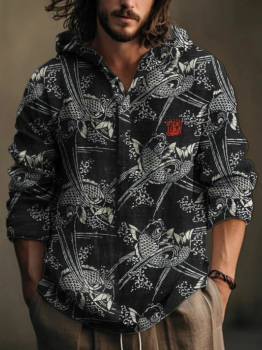Indigo Koi Hooded Shirt – Japanese Fish Print Casual Pullover – Artistic Long Sleeve Top S–6XL
