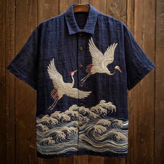 Navy Crane & Ocean Wave Embroidered Shirt – Japanese Ukiyo-E Inspired Button-Up – Unisex Summer Shirt S–6XL