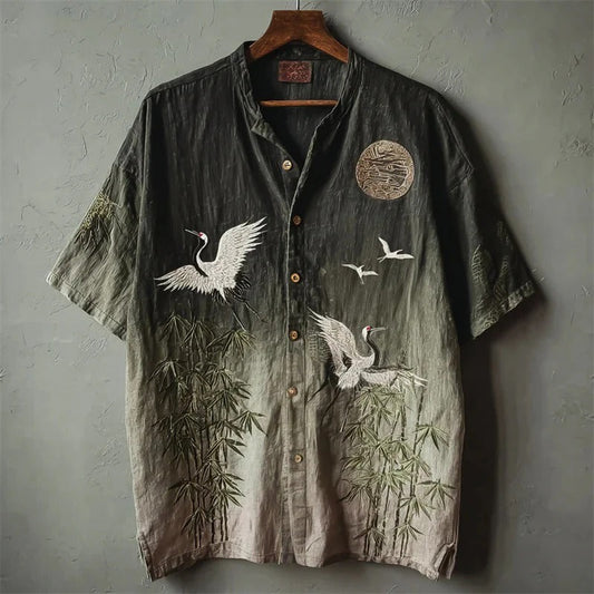 Vintage Crane & Bamboo Gradient Shirt – Japanese Art Linen Style Button-Up – Unisex Summer Shirt S–6XL
