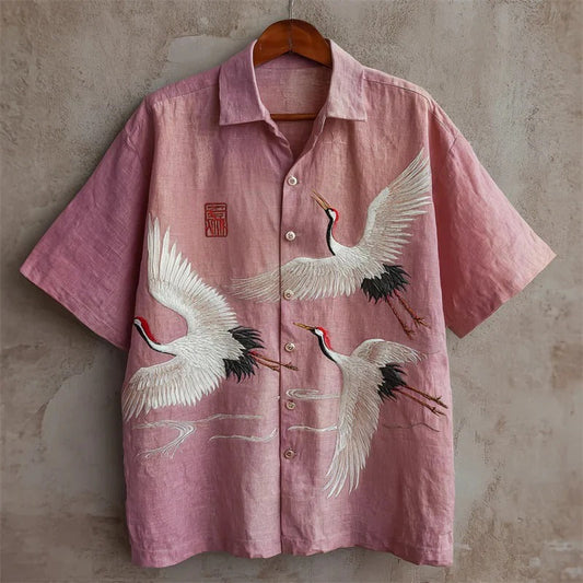 Blush Pink Crane Embroidered Shirt – Japanese Art Linen Style Button-Up – Unisex Summer Shirt S–6XL