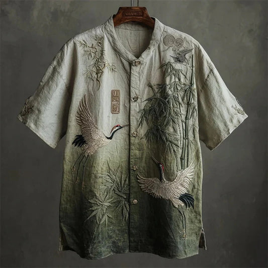 Vintage Crane & Bamboo Mandarin Collar Shirt – Japanese Art Linen Style Button-Up – Unisex Summer Shirt S–6XL