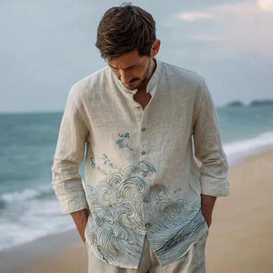 Sand Coastal Wave Linen Shirt – Japanese Ocean Art Mandarin Collar Button-Up – Unisex Long Sleeve S–6XL
