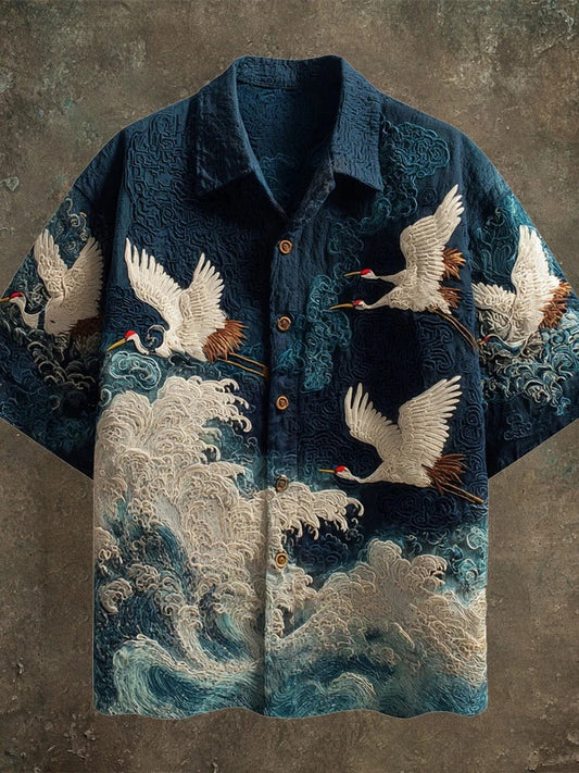Japanese Crane & Ocean Wave Embroidered Button-Up Shirt – Vintage Ukiyo-E Art Shirt – Unisex Streetwear S–6XL