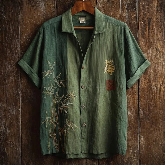 Forest Green Bamboo Calligraphy Shirt – Japanese Inspired Linen Style Button-Up – Unisex Summer Shirt S–6XL