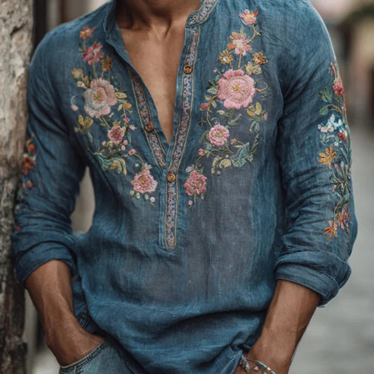 Boho Floral Embroidered Henley Shirt – Vintage Indigo Long Sleeve Casual Top S–6XL