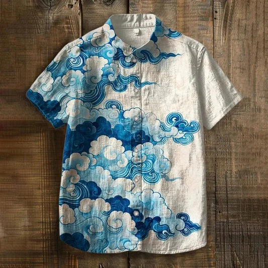 Blue Cloud Wave Art Shirt – Japanese Sky & Ocean Inspired Linen Style Button-Up – Unisex Summer Shirt S–6XL