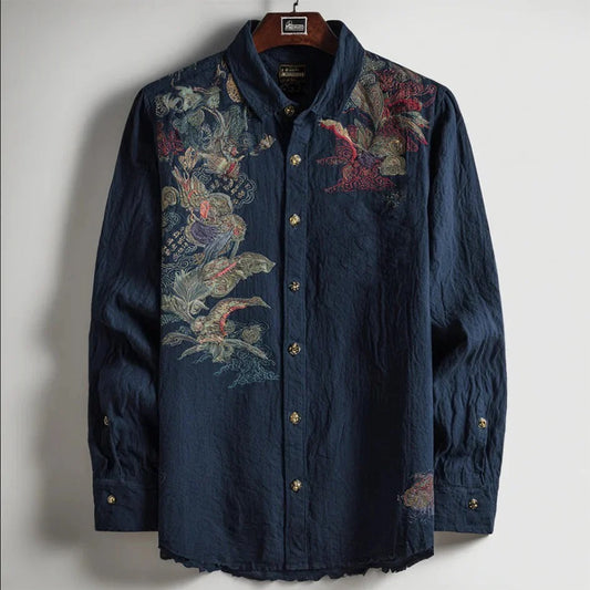 Navy Artistic Embroidered Shirt – Vintage Floral & Bird Button Down – Luxury Casual S–6XL