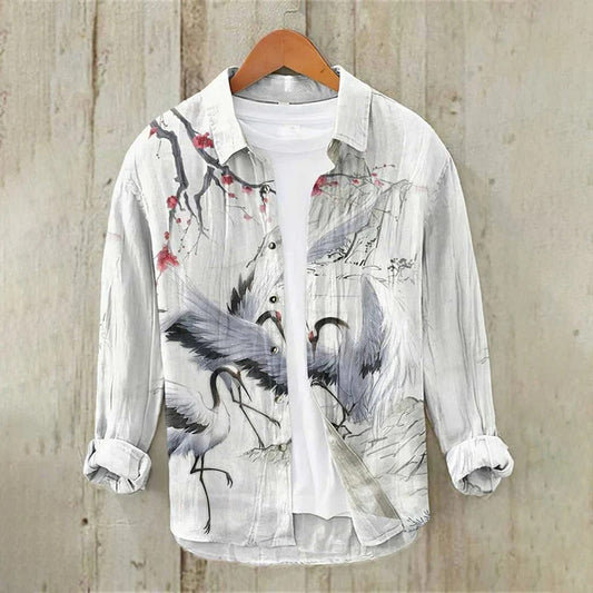 Japanese Ink Crane Blossom Shirt – Artistic Linen Button Down – Zen Inspired Casual Wear S–6XL