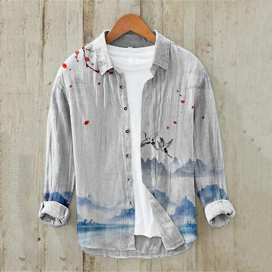 Japanese Crane Landscape Linen Shirt – Ink Wash Mountain Button Down – Artistic Casual S–6XL