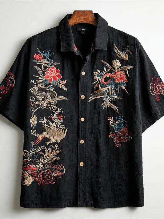 Black Phoenix & Floral Embroidered Shirt – Japanese Vintage Art Button-Up – Unisex Summer Shirt S–6XL