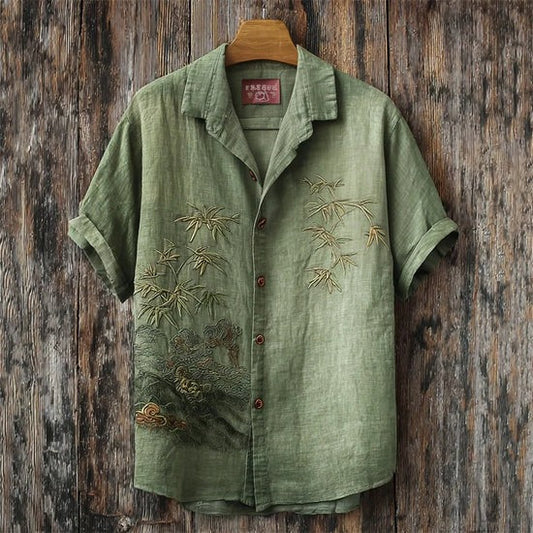 Olive Bamboo & Dragon Art Shirt – Japanese Inspired Linen Style Button-Up – Unisex Summer Shirt S–6XL