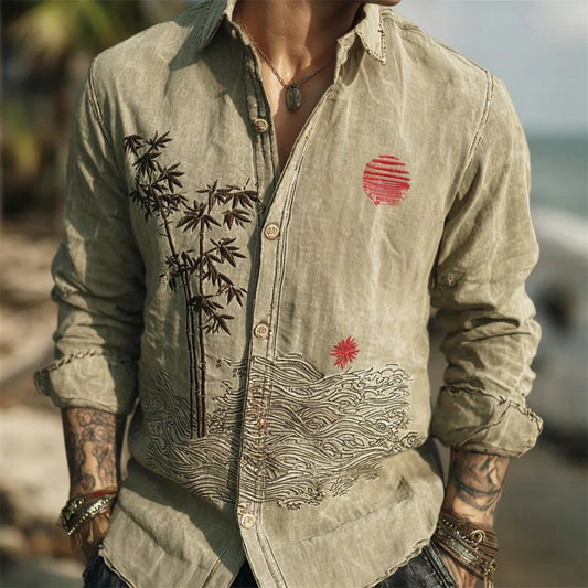 Olive Bamboo & Rising Sun Shirt – Japanese Wave Linen Style Button-Up – Unisex Long Sleeve S–6XL