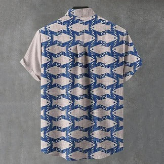 Coastal Fish Pattern Shirt – Blue Nautical Colorblock Linen Style Button-Up – Unisex Summer Shirt S–6XL