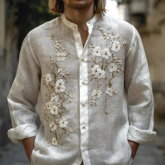 White Embroidered Blossom Linen Shirt – Japanese Inspired Floral Button Down – Lightweight Relaxed Fit S–6XL