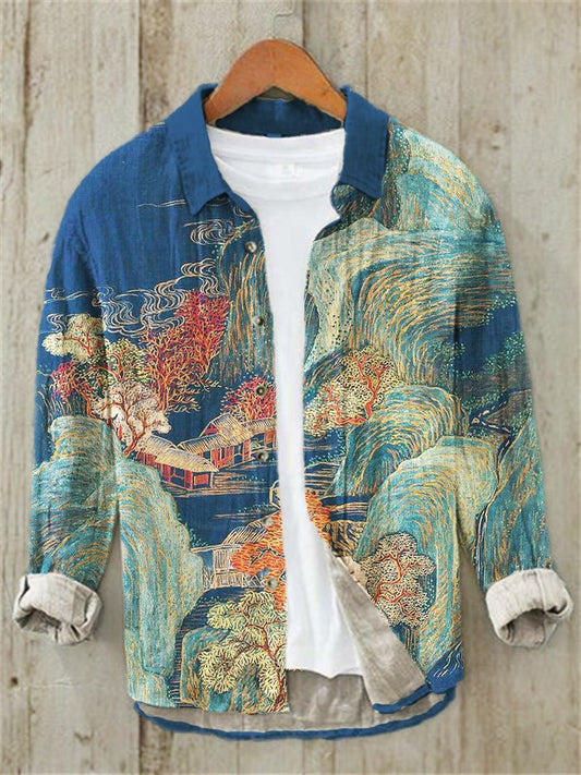Japanese Landscape Wave Shirt – Ukiyo-E Style Linen Button-Up