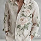 Beige Floral Linen Shirt – Vintage Botanical Elegant Button-Up