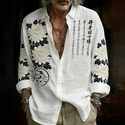 Japanese Calligraphy Floral Embroidered Shirt – Premium Zen Long Sleeve Button-Up