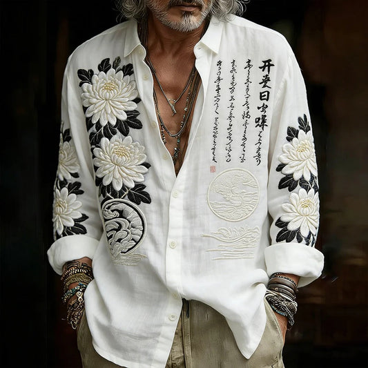 Japanese Calligraphy Floral Embroidered Shirt – Premium Zen Long Sleeve Button-Up