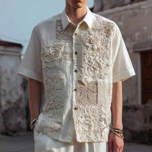 Vintage Embroidered Patchwork Linen Shirt – Textured Floral Artisan Button-Up