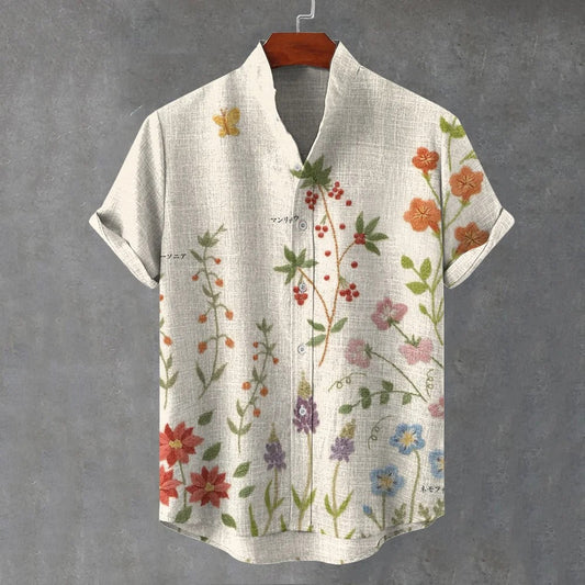 Vintage Botanical Floral Linen Shirt – Japanese Style Summer Casual Button-Up