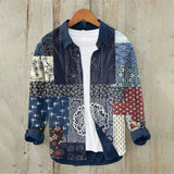 Vintage Patchwork Denim Shirt – Japanese Inspired Pattern Long Sleeve Button-Up