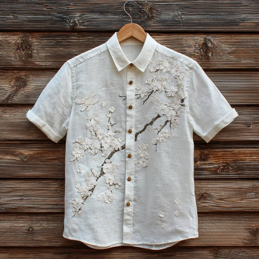 Cherry Blossom Embroidered Linen Shirt – Japanese Sakura Summer Button-Up