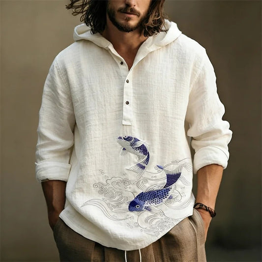 Koi Fish Zen Hoodie Shirt – Japanese Wave Linen Pullover
