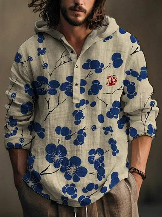 Japanese Sakura Hoodie Shirt – Minimalist Floral Linen Pullover