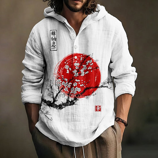 Red Sun Sakura Hoodie Shirt – Japanese Zen Blossom Linen Pullover
