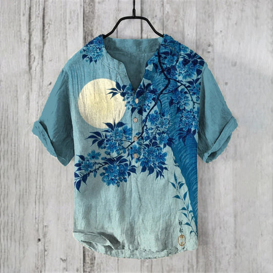 Blue Floral Moon Linen Shirt – Japanese Night Blossom Summer Button-Up