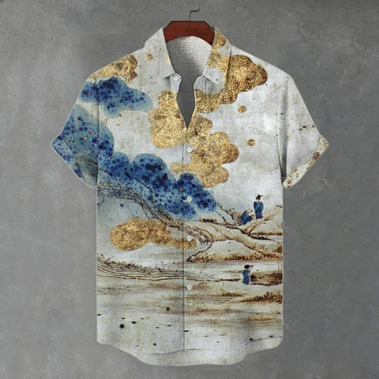 Japanese Landscape Art Linen Shirt – Gold Cloud Ukiyo-E Summer Button-Up