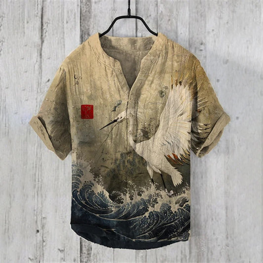 Japanese Crane Wave Linen Shirt – Vintage Ukiyo-E Style Summer Button-Up