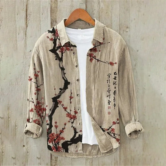Sakura Branch Linen Shirt – Japanese Calligraphy Floral Button-Up