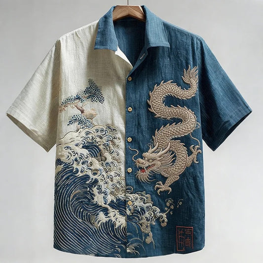 Japanese Dragon & Ocean Wave Split Linen Shirt – Vintage Embroidered Summer Button-Up