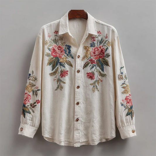 Vintage Floral Embroidered Linen Shirt – Elegant Botanical Long Sleeve Button-Up