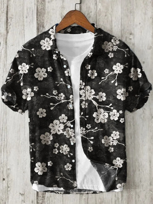 Black Sakura Floral Linen Shirt – Japanese Blossom Summer Button-Up