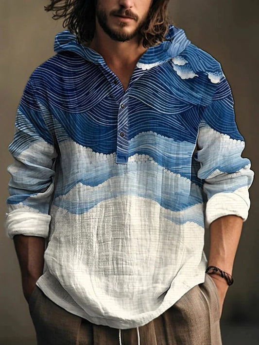 Blue Ocean Wave Hooded Shirt – Japanese Inspired Coastal Linen Style Pullover – Unisex Long Sleeve S–6XL